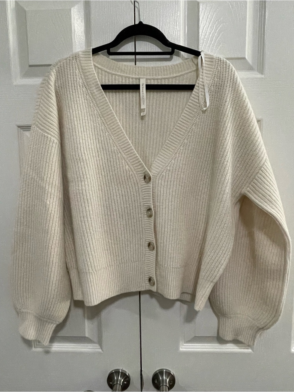 Babaton Cream Ribbed V‑Neck Button Front Cardigan - Picture 1 of 5